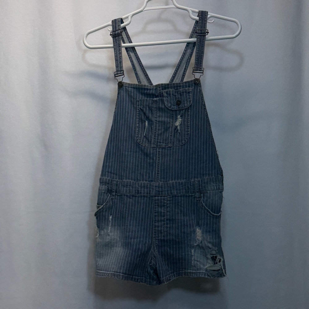 Arizona Jeans Co Denim Pinstripe Distressed Short‎ Overalls Women XL Vintage Y2K